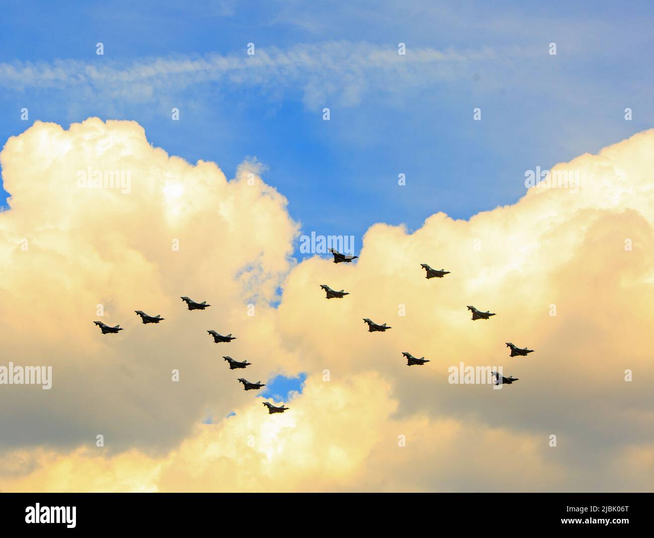 Typhoon Jets flying over London in formation of the number 70, celebrating HM Queen Elizabeth Platinum Jubilee Stock Photo