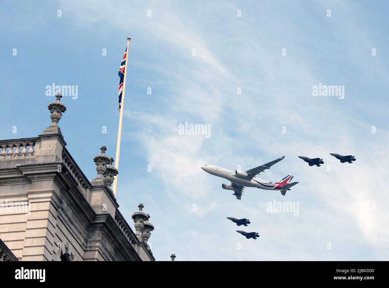 Voyager Plane and Hawks flying over London on the Platinum Jubilee Stock Photo