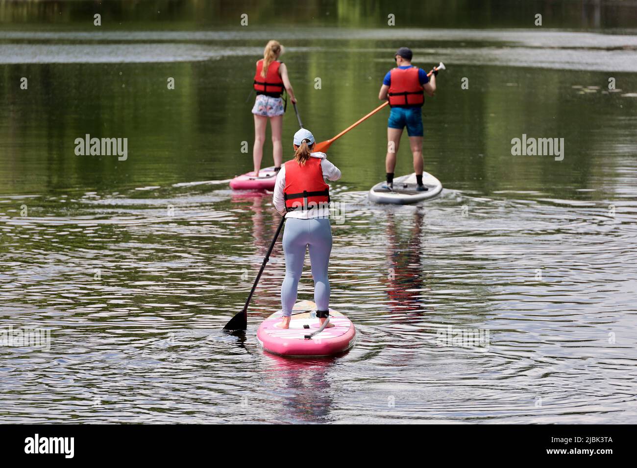 Sup surfing, young people with paddles sailing on a boards in river. Stand up paddle boarding in summer Stock Photo