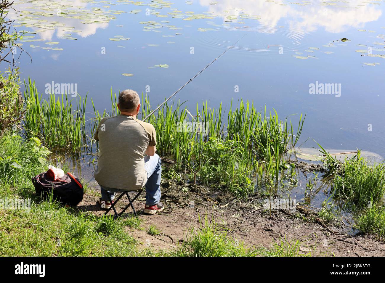 Fisherman sitting near the water with a fishing rod, rear view. Man angling on the lake coast at summer Stock Photo