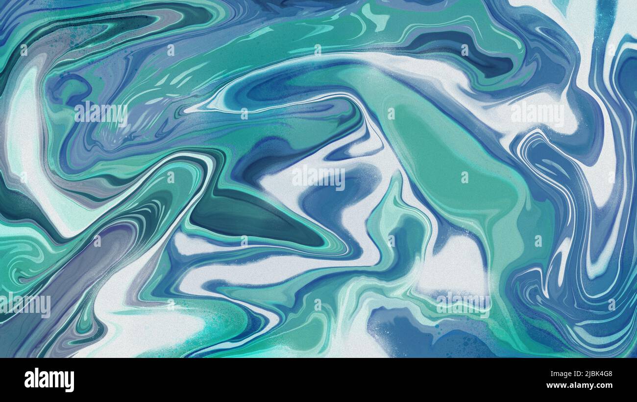 Digital marble texture in aqua and white shades. Decorative paint surface with liquid marbling effect. Creative and trendy wallpaper design.  Sea wave Stock Photo