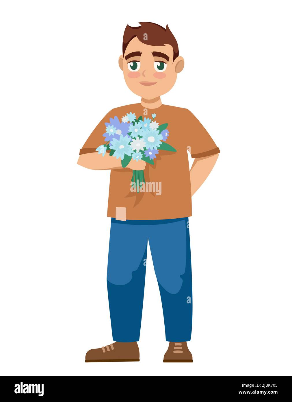 Boy holding bouquet of flowers. Character in cartoon style Stock Vector ...