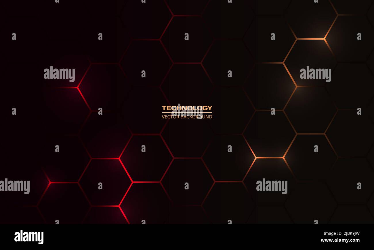 Black hexagonal technology abstract vector background with red and ...