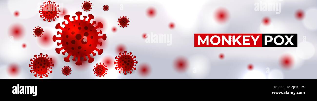 Monkeypox virus cells outbreak wide medical banner. Monkeypox virus cells on white sciense background. Monkey pox microbiological wide vector Stock Vector