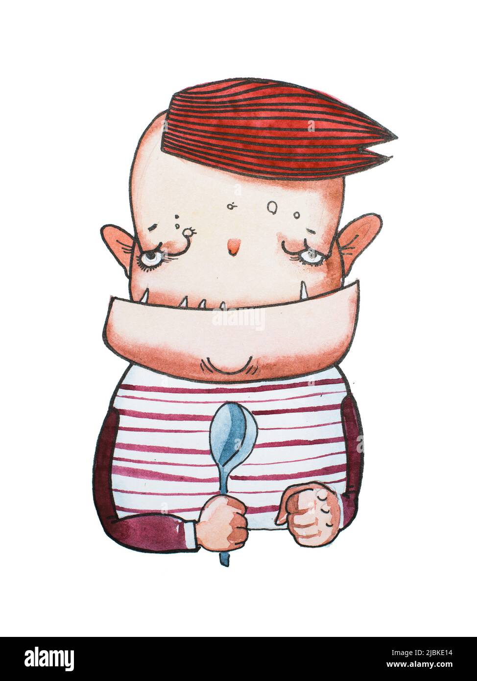 Gloomy cartoon monster boy with square jaw and sharp teeth waiting for his meal holding a spoon. Comic book character hand-drawn with watercolors. Stock Photo