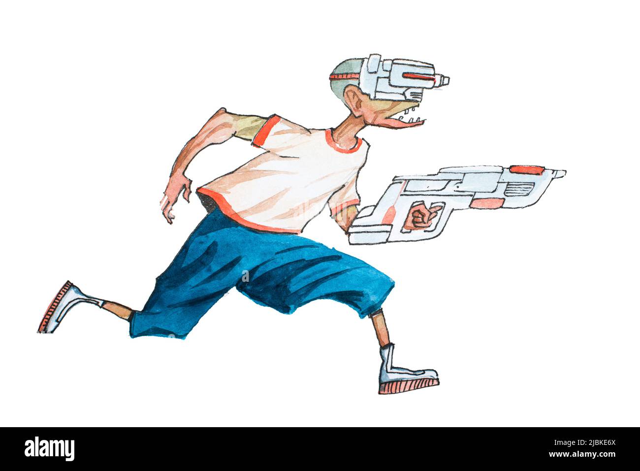 Cartoon man in casual clothes with futuristic glasses and weapon running chasing someone. Stock Photo