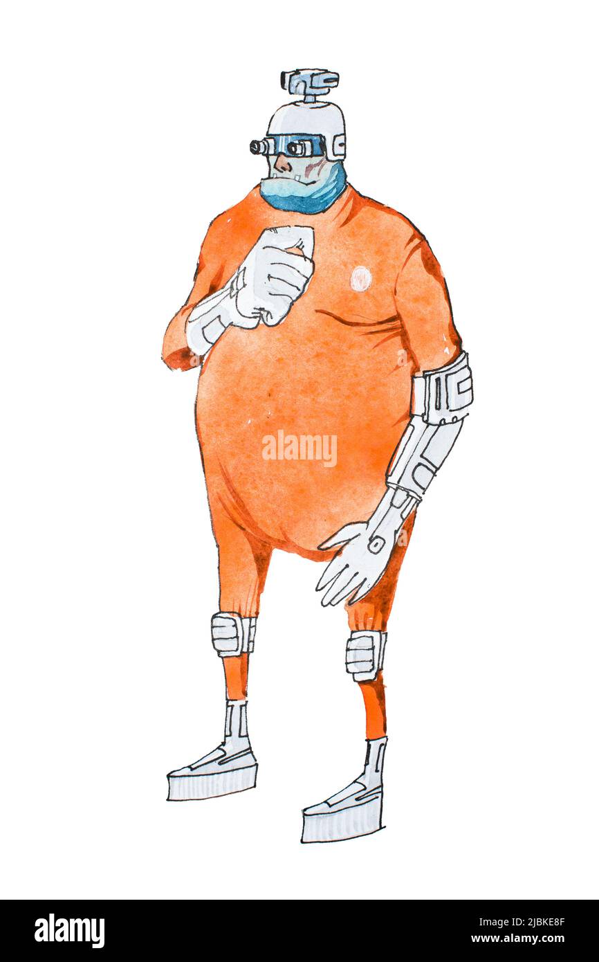 Watercolor illustration of cartoon cyborg or humanoid robot wearing orange prison jumpsuit uniform. Stock Photo