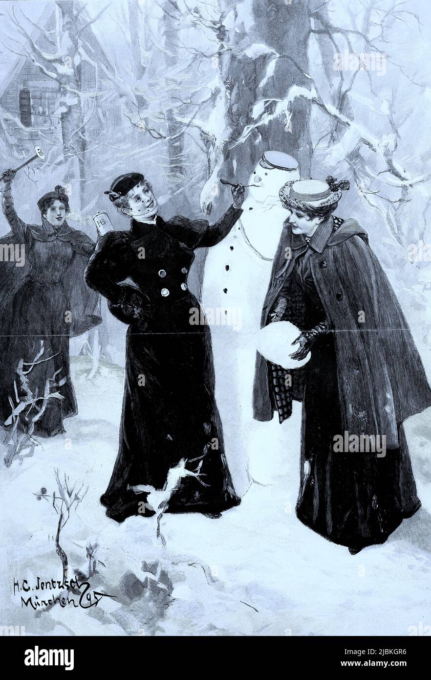 Winterfreuden, drei elegante Damen bauen einen Schneemann, um 1880, Deutschland, nach einem Aquarell von Hans Jentzsch, digital restaurierte Reproduktion einer Originalvorlage aus dem 19. Jahrhundert, genaues Originaldatum nicht bekannt Stock Photo