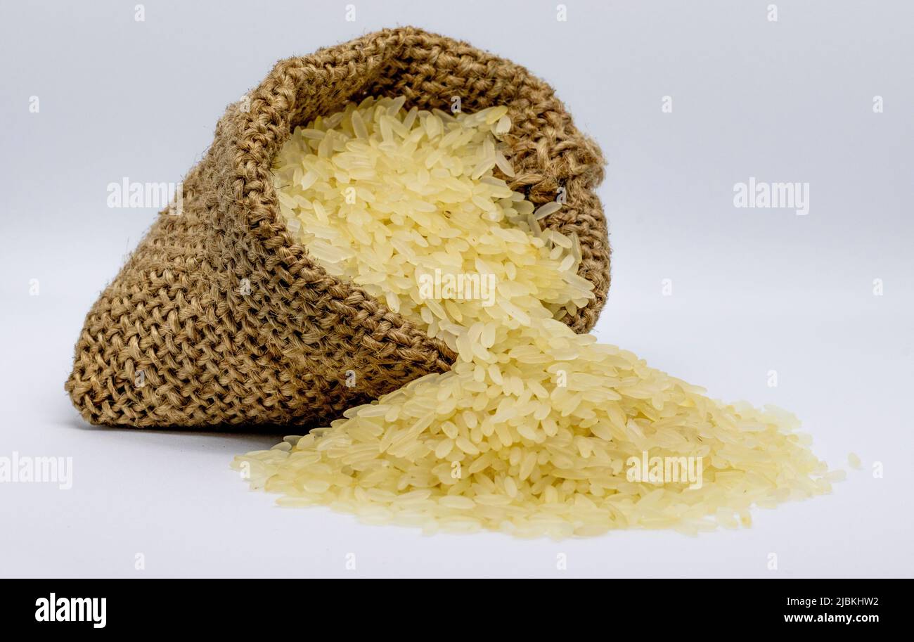 Rice in a jute bag Stock Photo