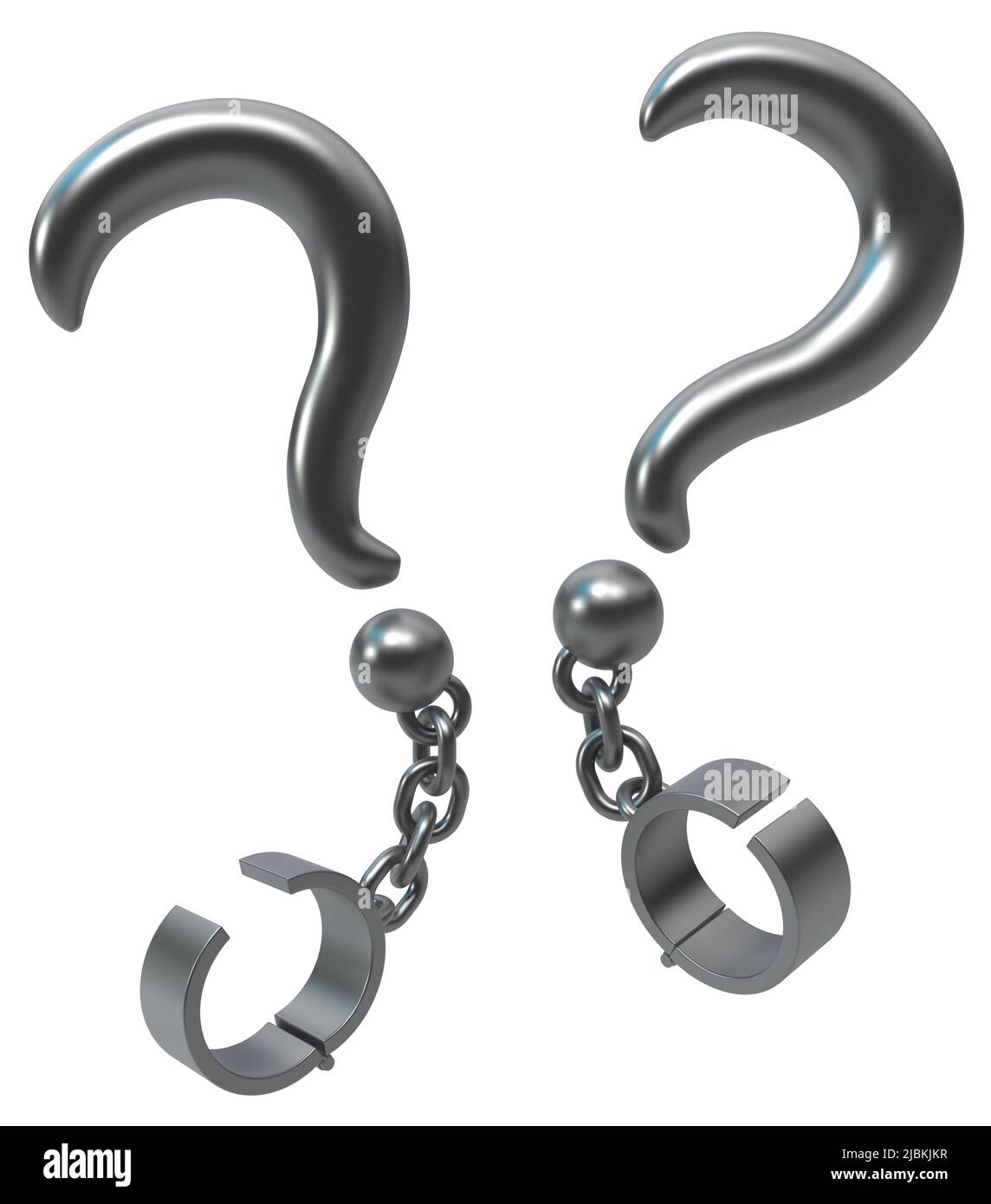 Shackles chain question mark point grey metal 3d illustration, isolated