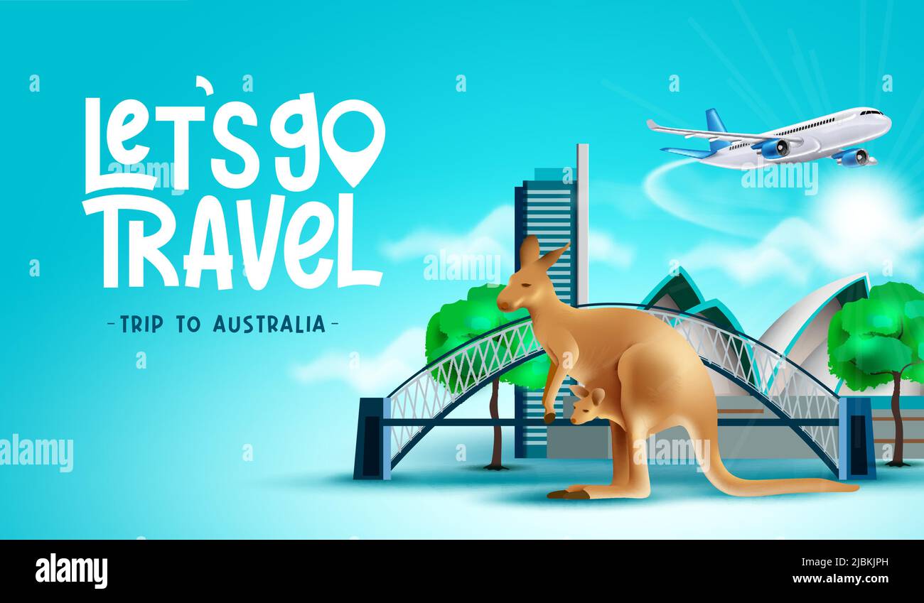 Travel australia vector background design. Lets go travel to australia  text with buildings, bridge and kangaroo landmark elements for country. Stock Vector