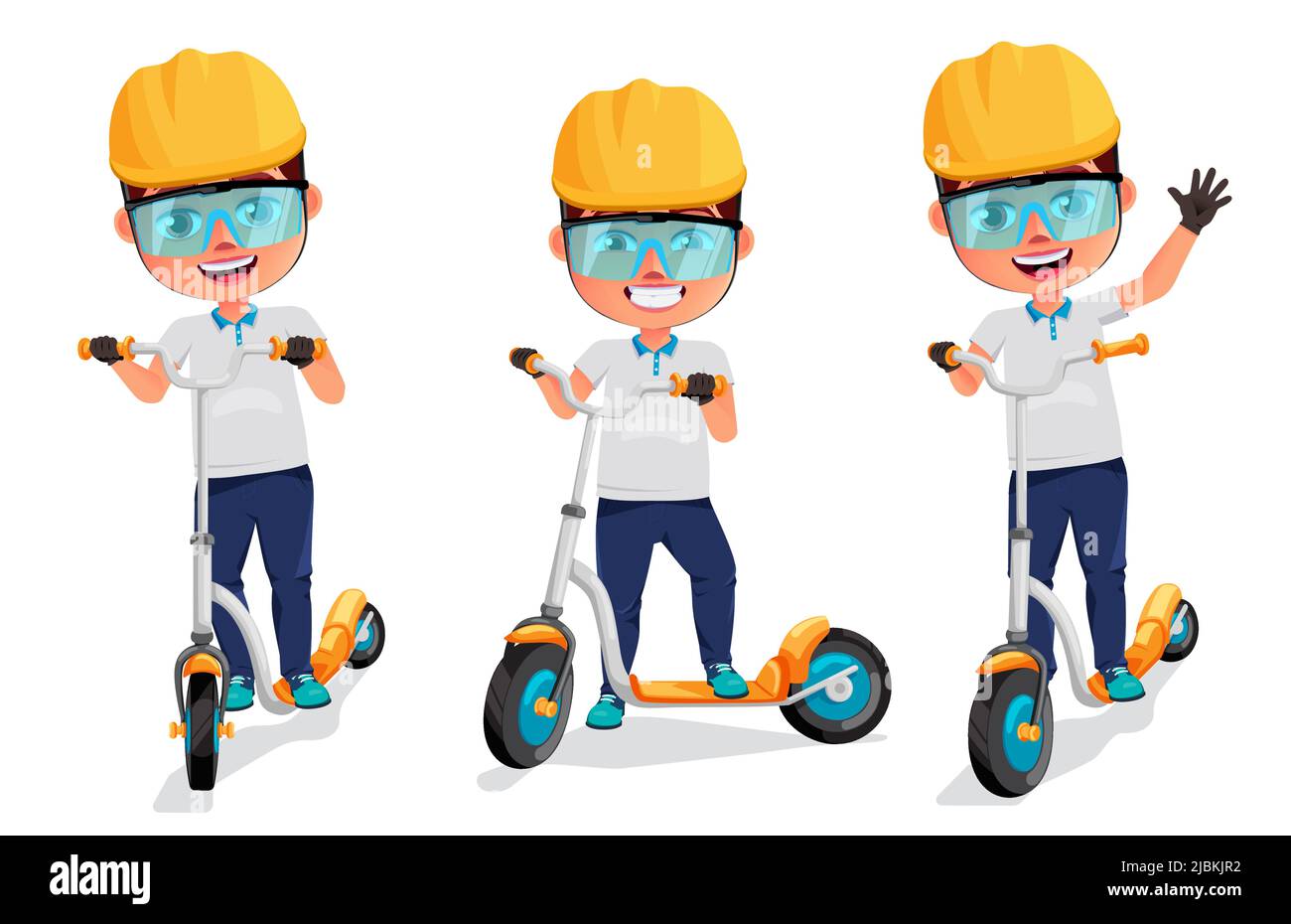 Active kids vector character set. Boy characters riding scooter with standing, waving and