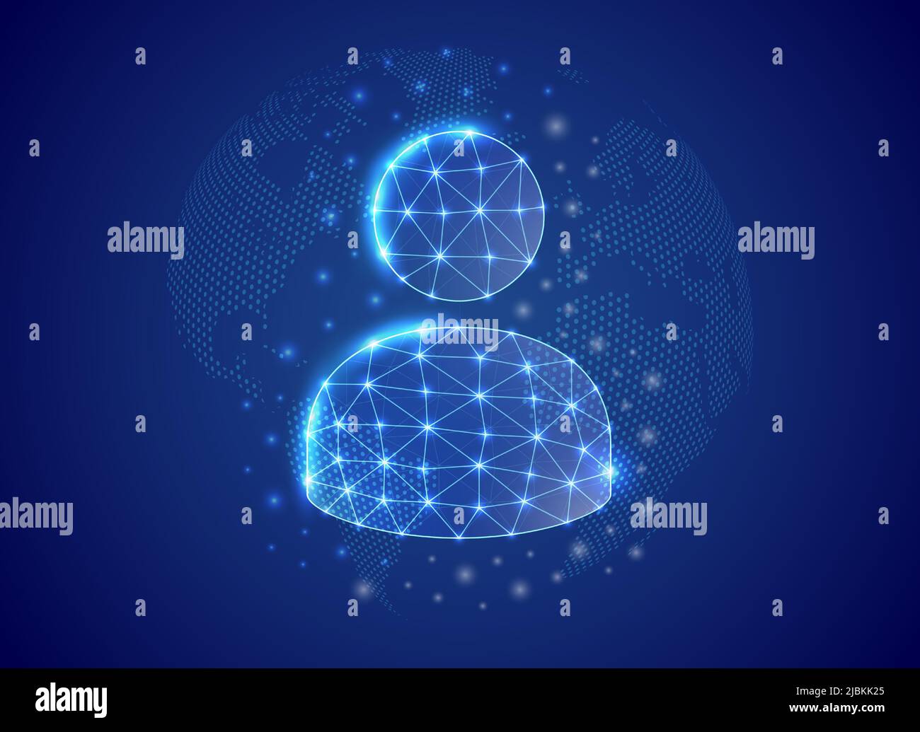 User avatar 3d low poly symbol with blue world map background. Teamwork concept design illustration. Profile polygonal symbol with connected dots Stock Vector