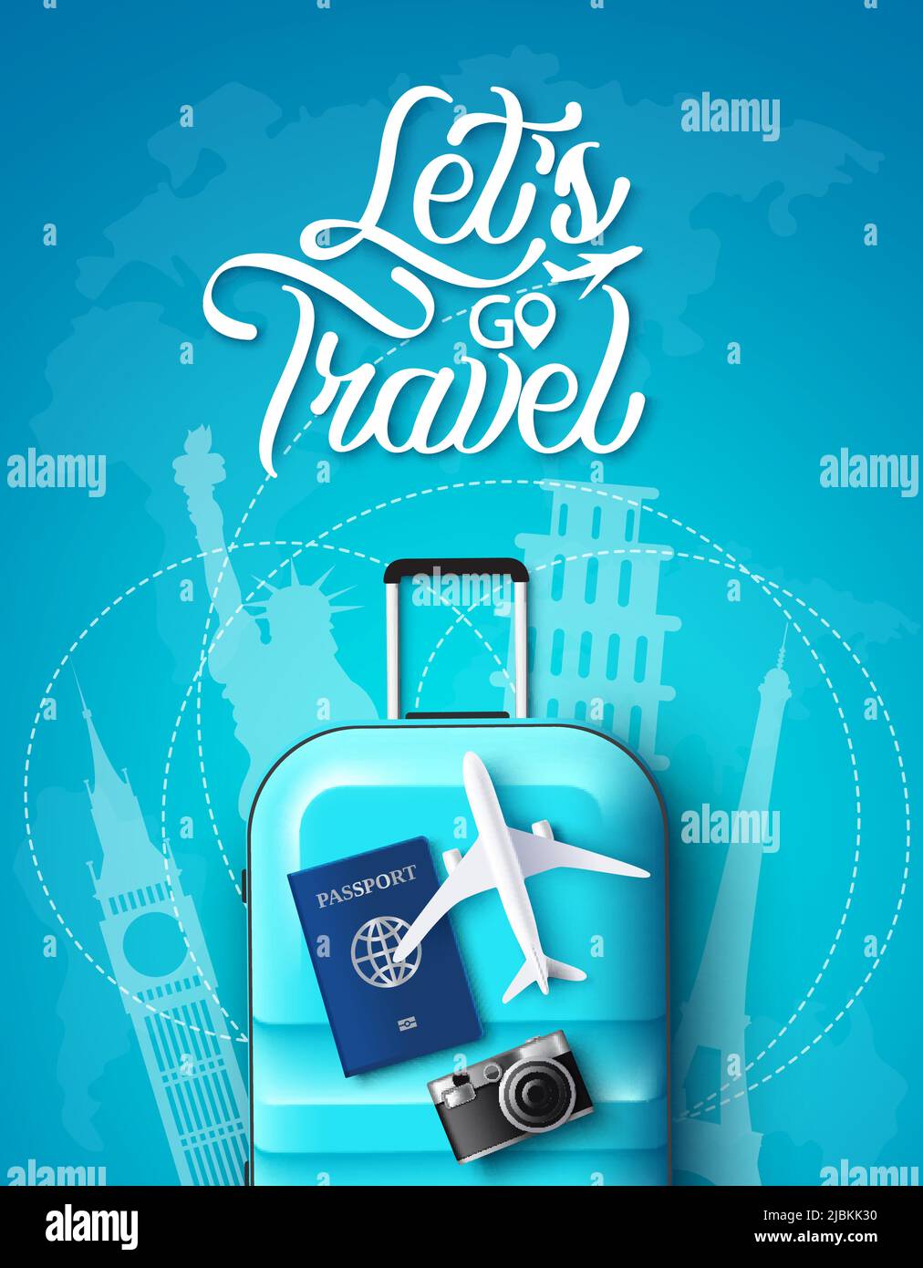 Travel vector poster design. Let's go travel text with luggage