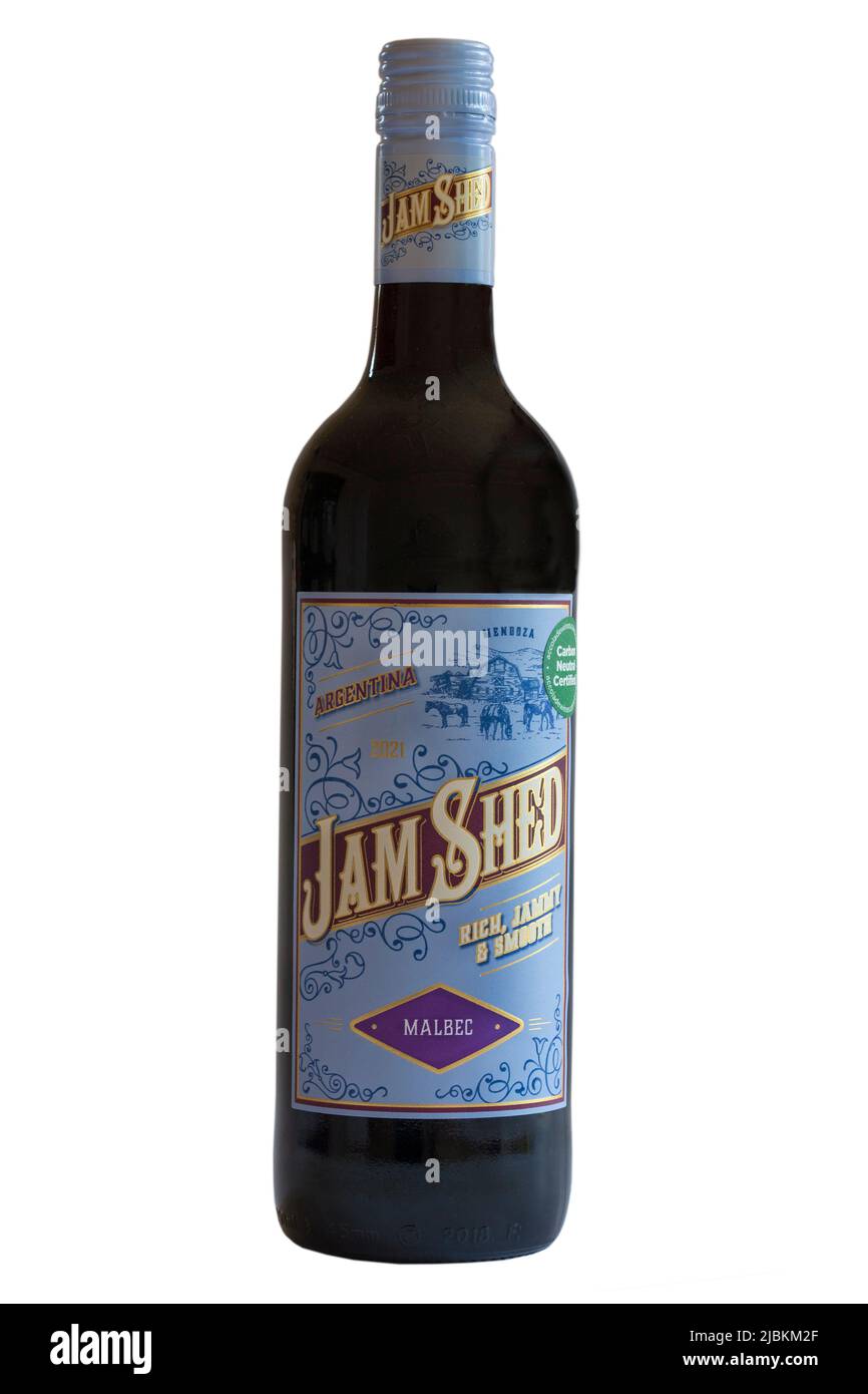 bottle of Jam Shed Mendoza Malbec red wine isolated on white background product of Argentina Argentinian sold in the UK rich jammy smooth Stock Photo Alamy