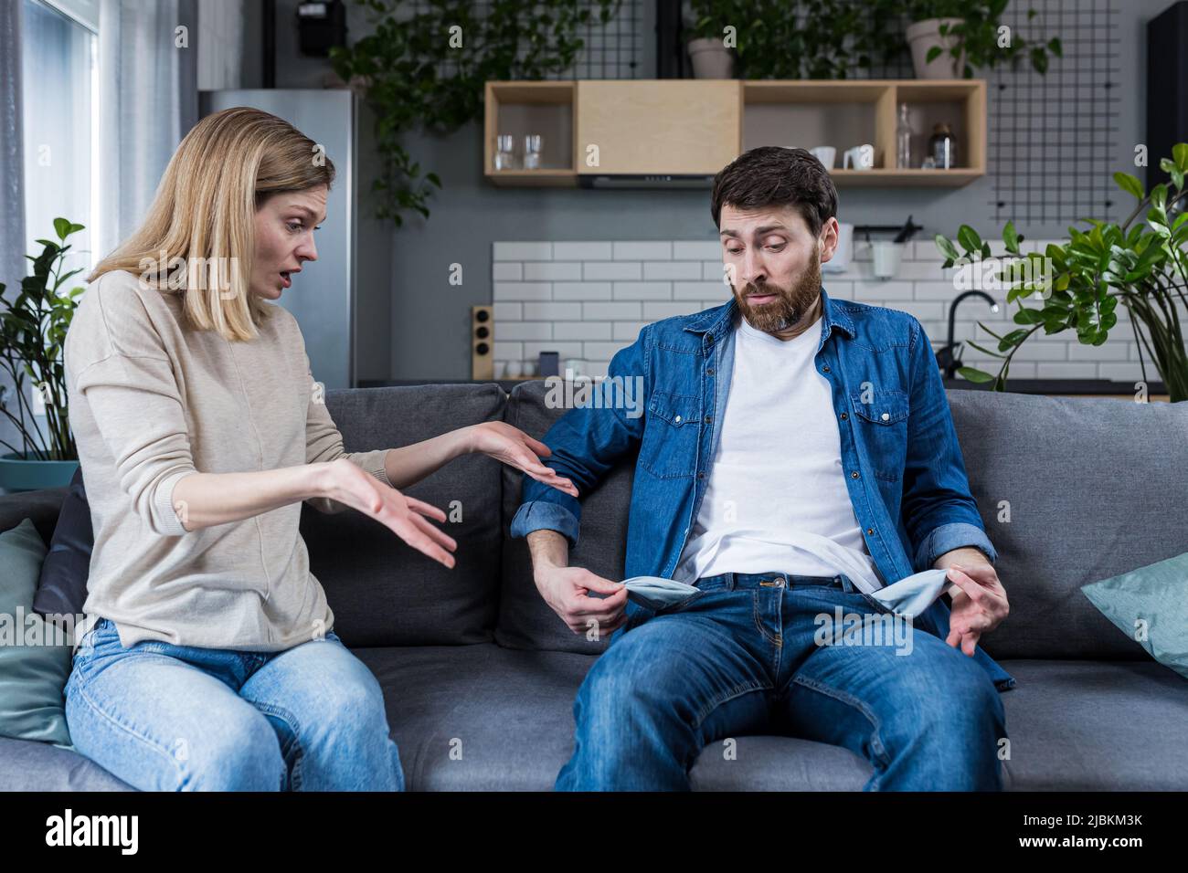 A young woman demands money from her husband, the man does not show
