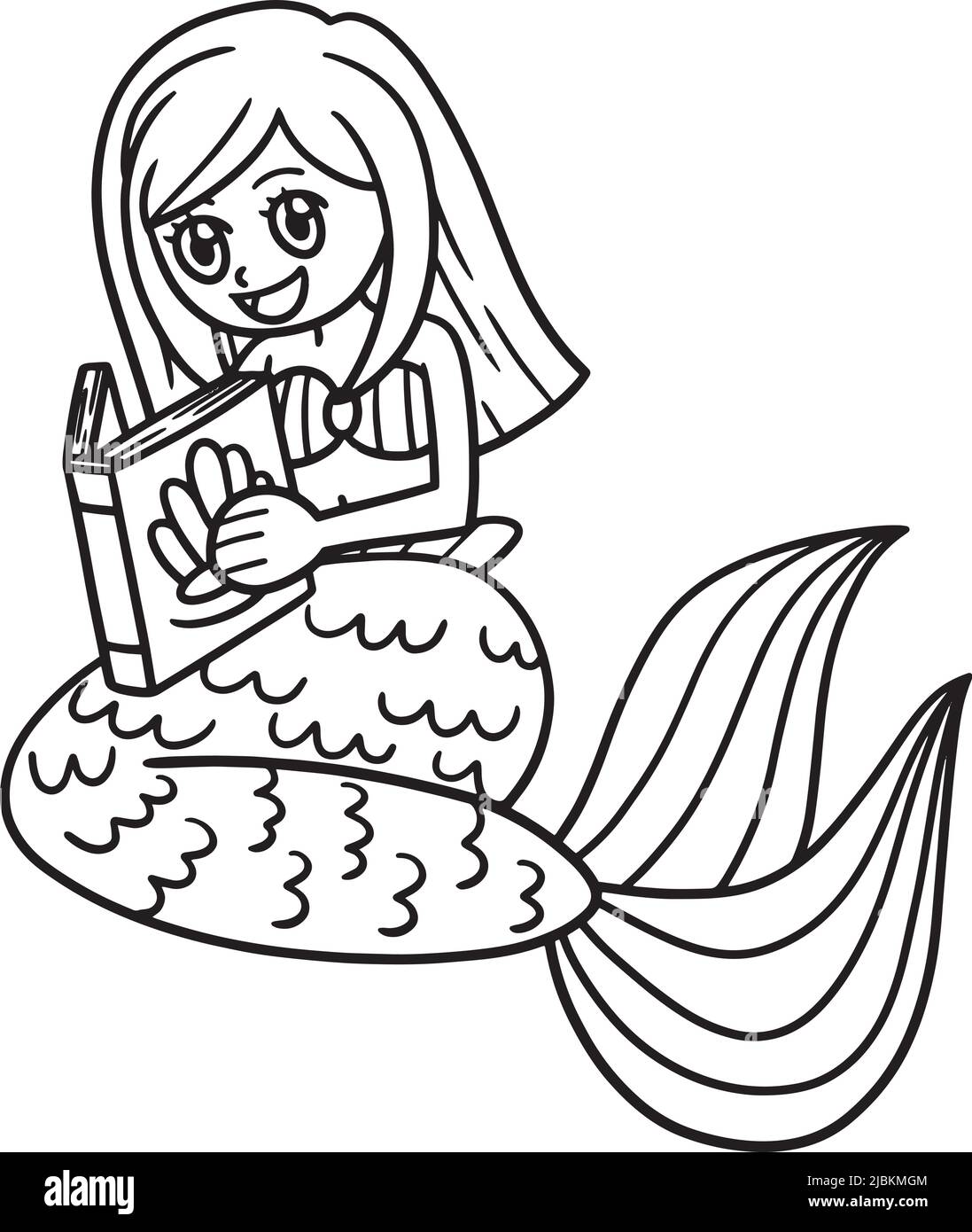 Mermaid Reading A Book Isolated Coloring Page  Stock Vector