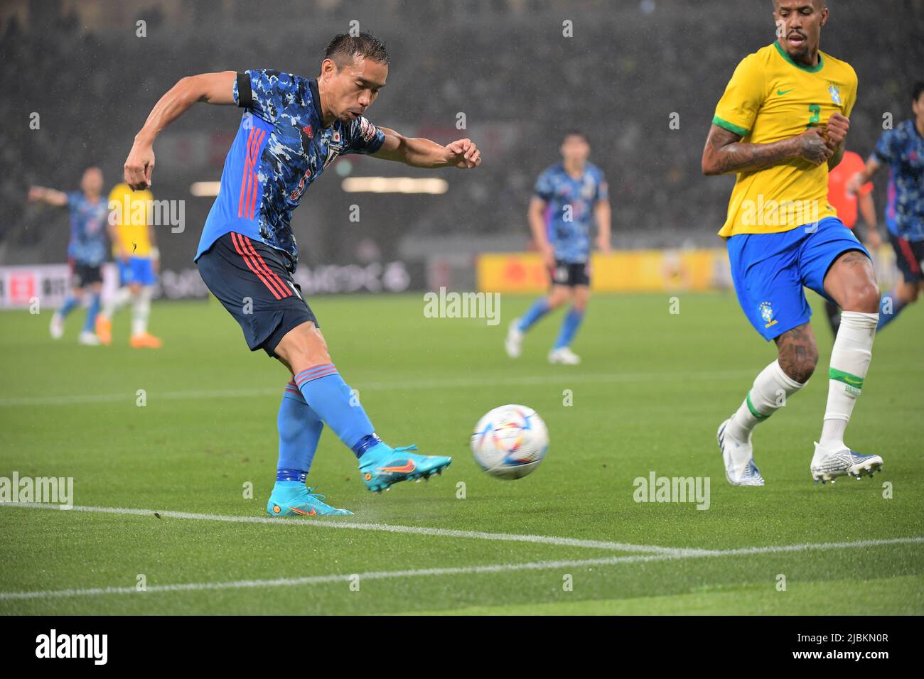 Tokyo, Japan. 6th June, 2022. Yuto Nagatomo (5) of Japan and Eder Militao (2) of Brazil during the Kirin Challenge Cup international friendly soccer match between Japan and Brazil at National Stadium in Tokyo, Japan, June 6, 2022. Credit: FAR EAST PRESS/AFLO/Alamy Live News Stock Photo