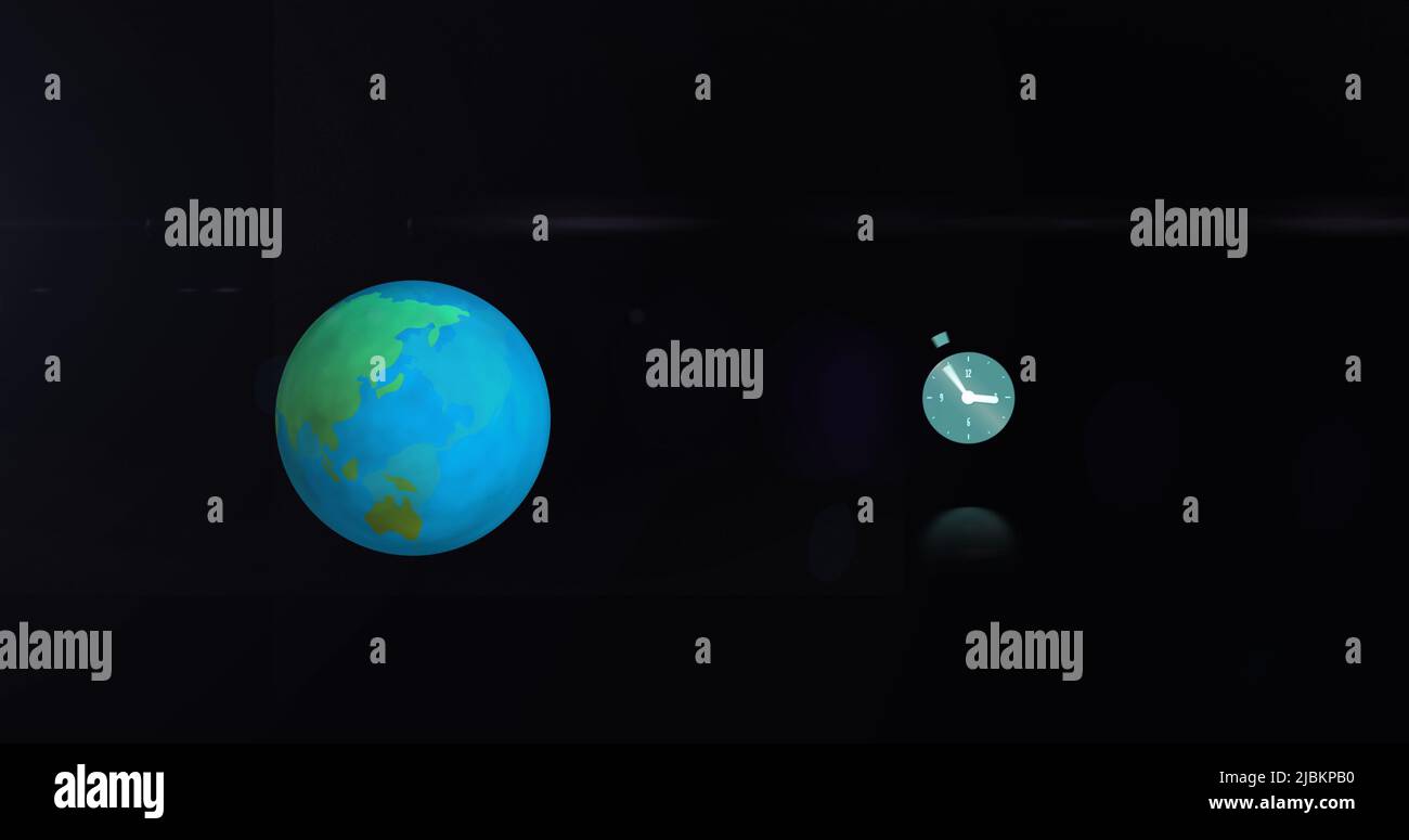 Image of clock over lights and spinning globe Stock Photo Alamy