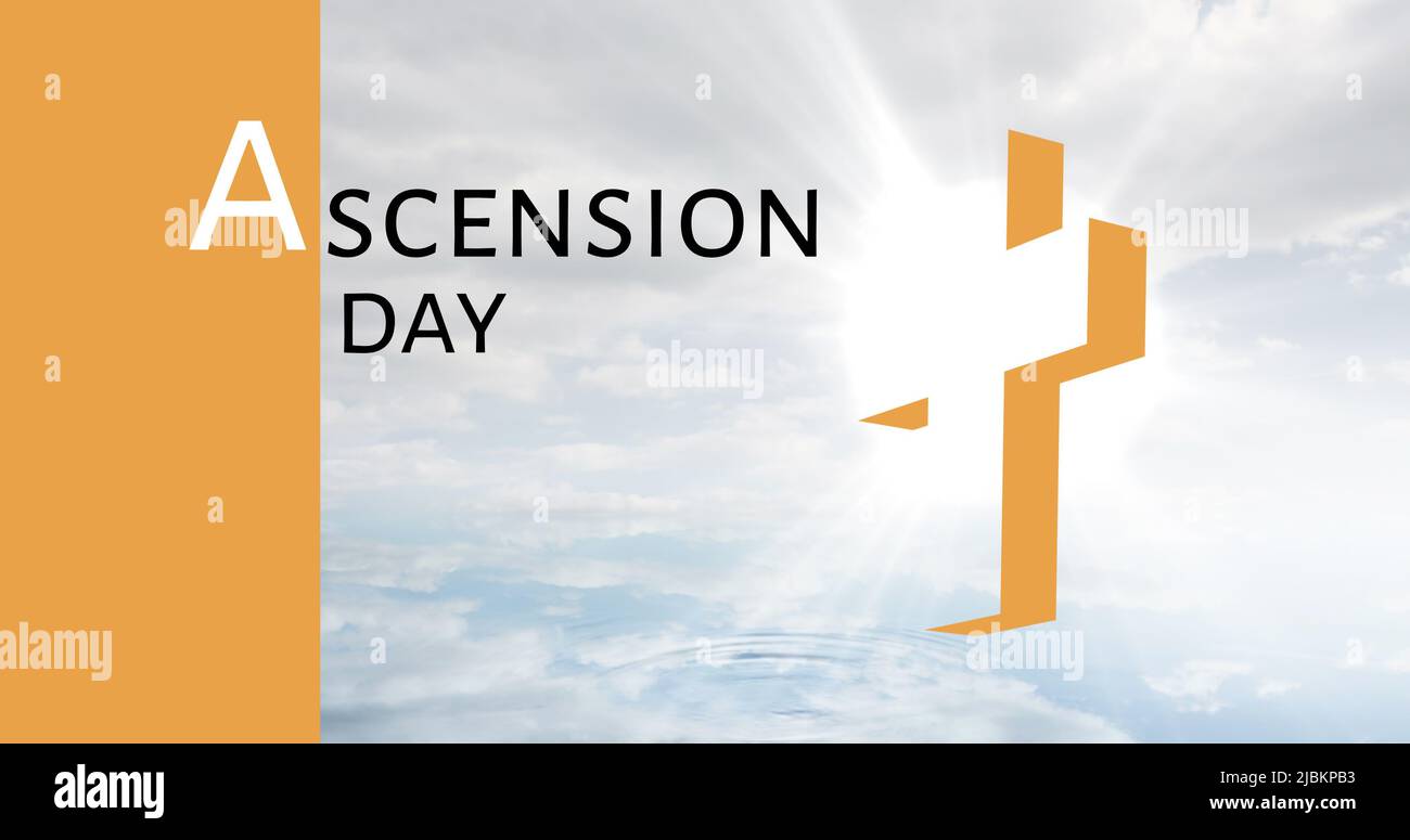 Image of ascension day text and christian orange cross over sun rays and clouded sky Stock Photo