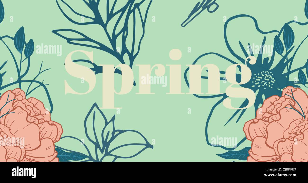 Image of spring text over floral decoration on green background Stock Photo