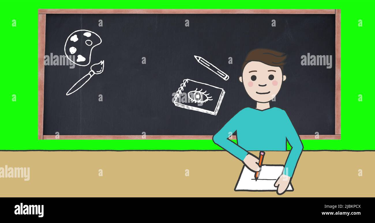 Image of schoolboy taking notes over blackboard with school items icons ...