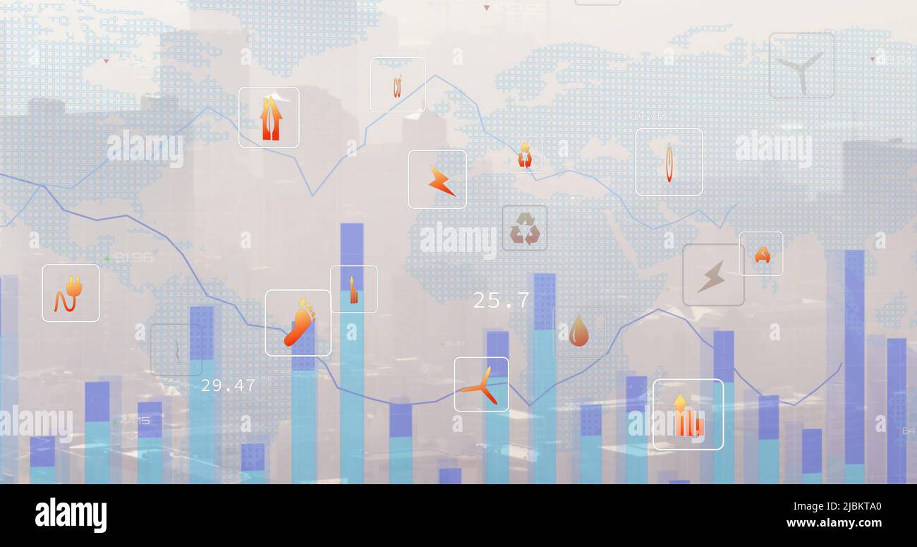 Statistical data processing and network of digital icons over world map ...