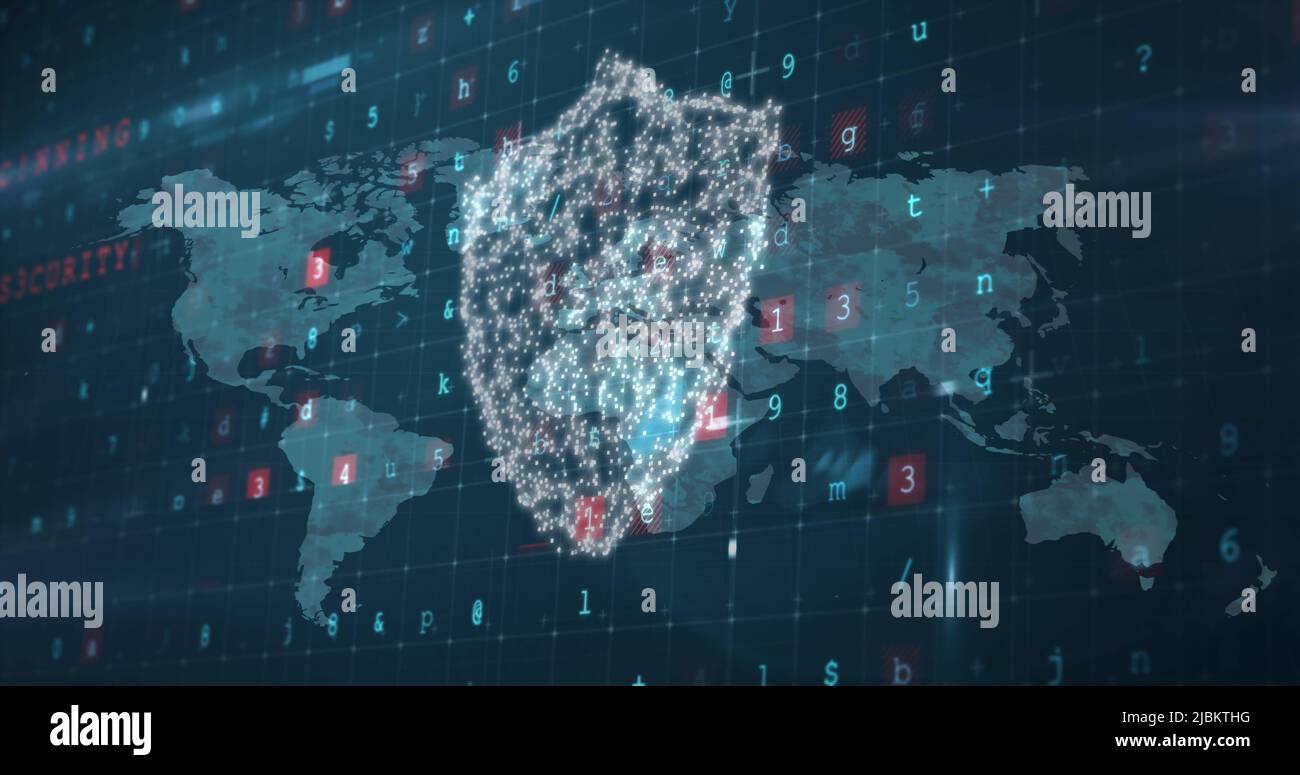 Security shield icon and cyber security data processing against world ...