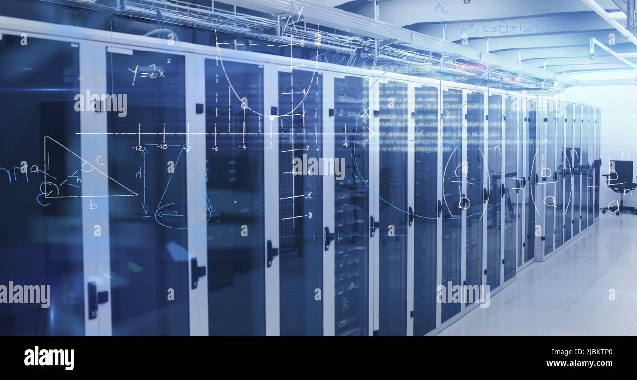 Mathematical equations against empty server room Stock Photo