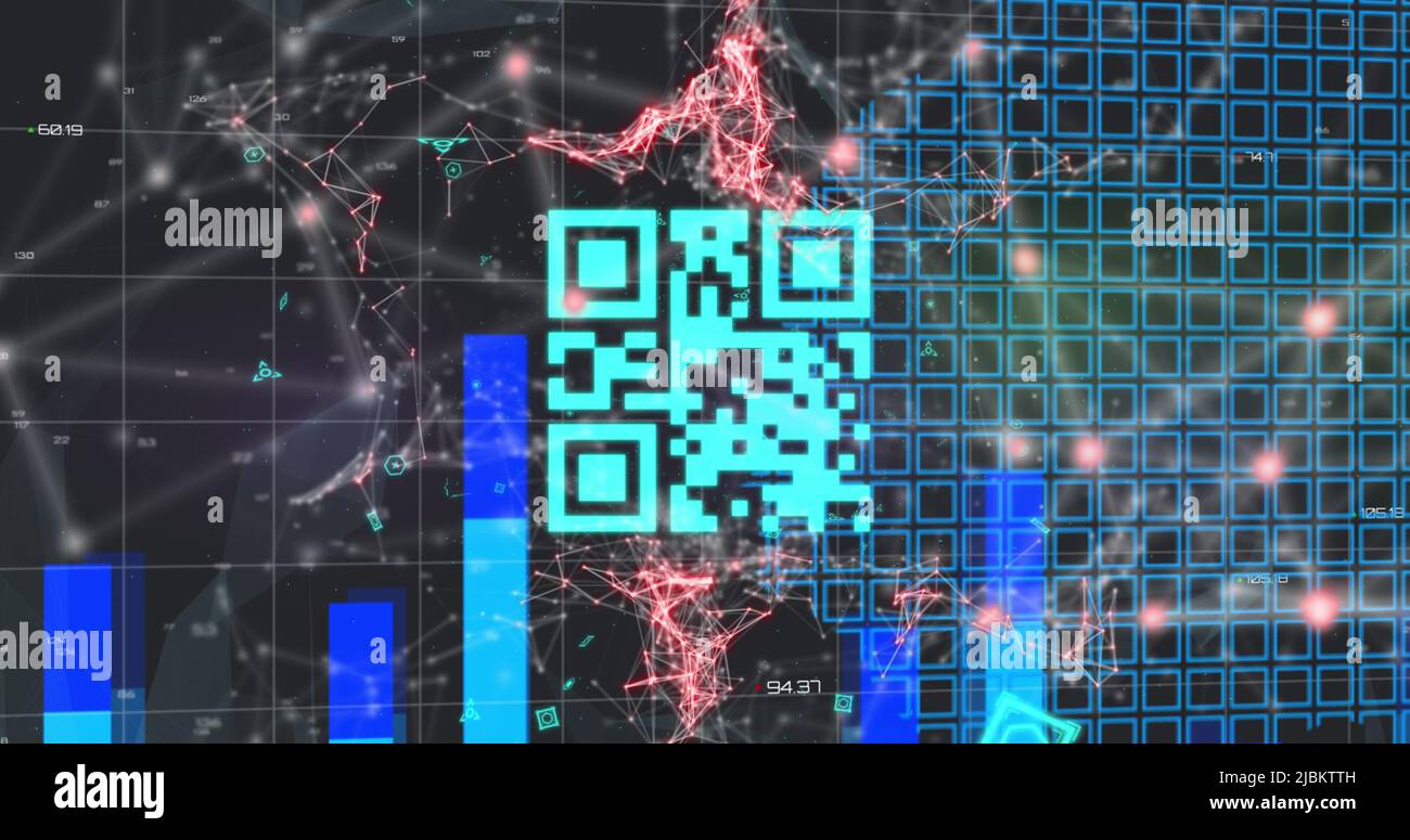 Image of blue QR code over red web of connection, blue graph Stock ...