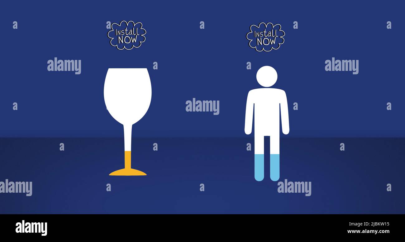 Image of install now text, wine glass and man pictogram with percent growing on blue background Stock Photo