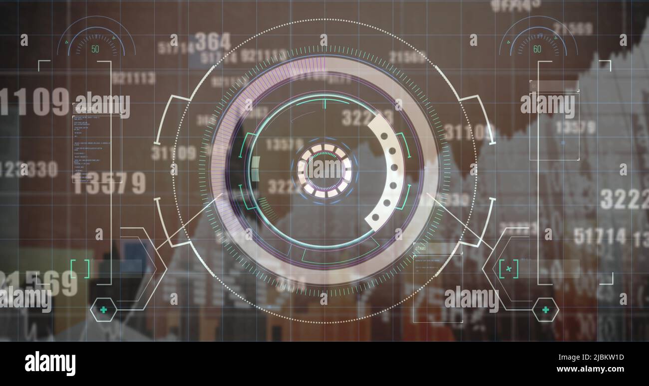 Image of financial data, graphs and processing circle over cityscape Stock Photo