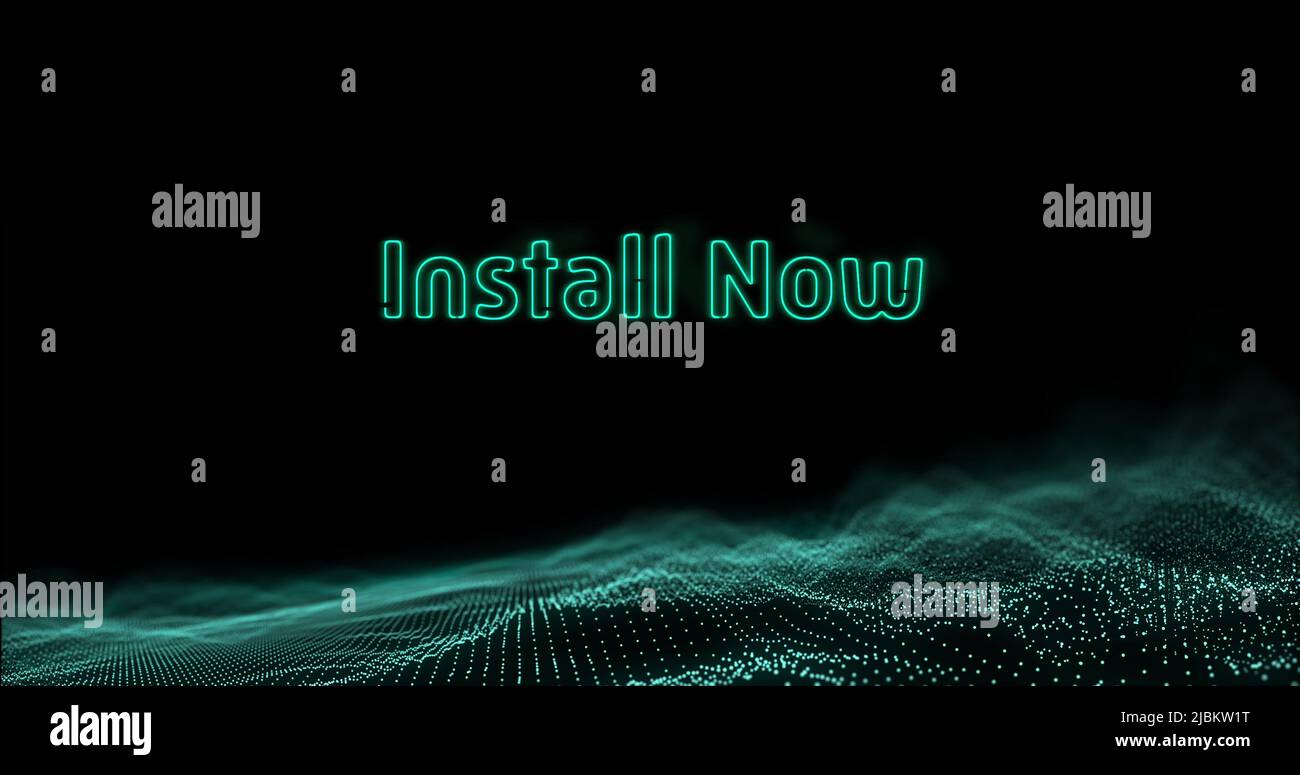 Image of install glowing green text over digital wave moving on black background Stock Photo