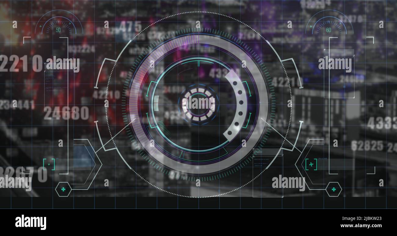 Image of financial data, graphs and processing circle over cityscape Stock Photo