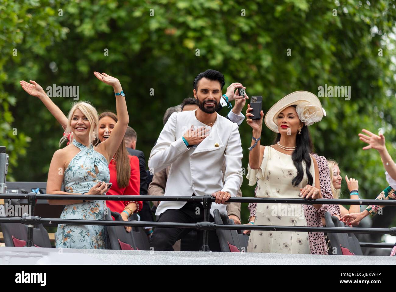 Celebrities on open top bus at the Queen's Platinum Jubilee Pageant parade in The Mall, London, UK. Holly Willoughby and Rylan Clark Stock Photo