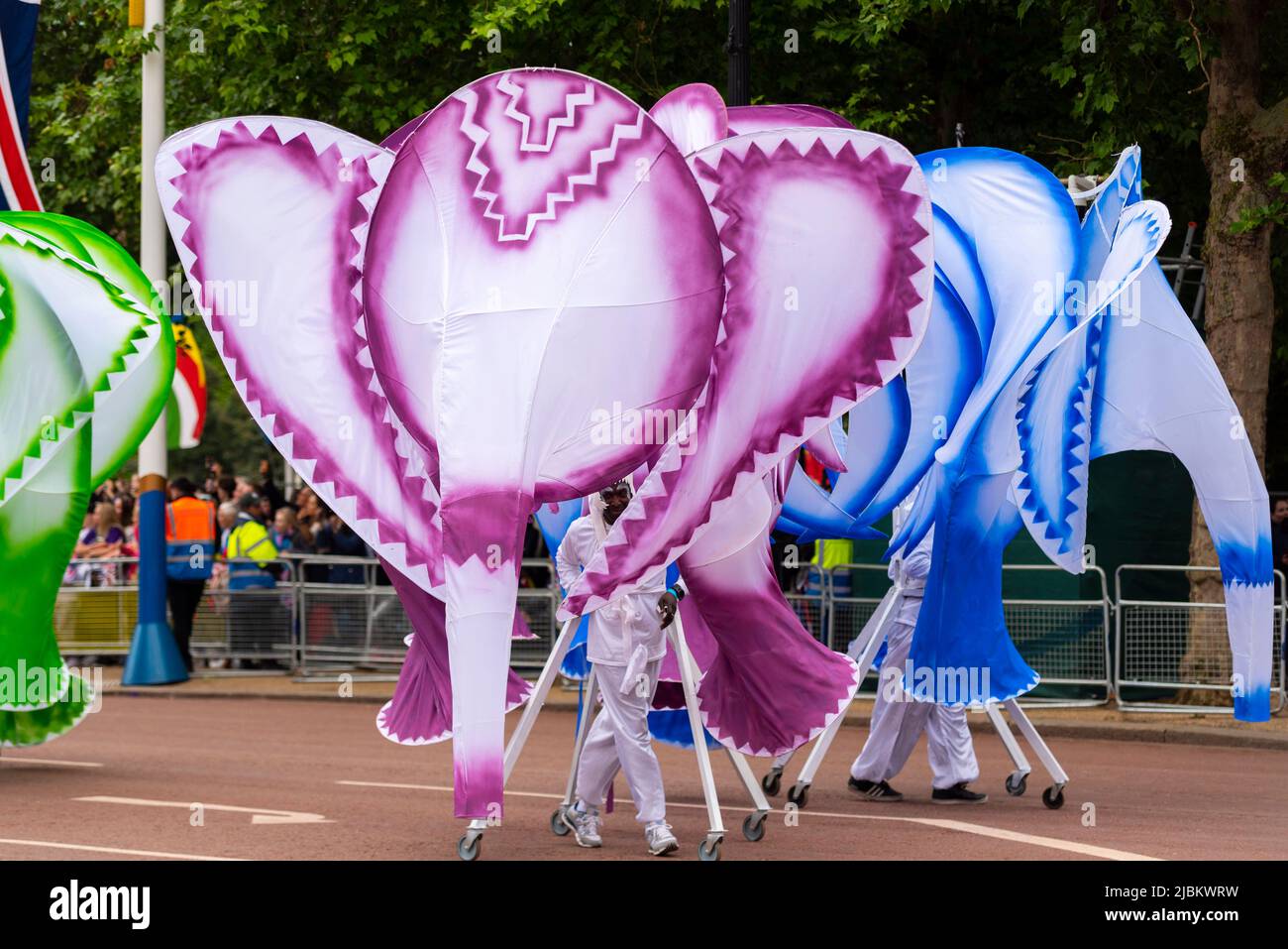 Large elephant puppets at the Queen's Platinum Jubilee Pageant parade