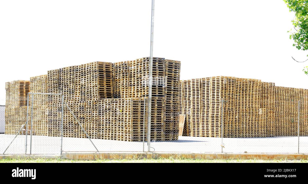 Stack of pallets in a warehouse in Barcelona, Catalunya, Spain, Europe