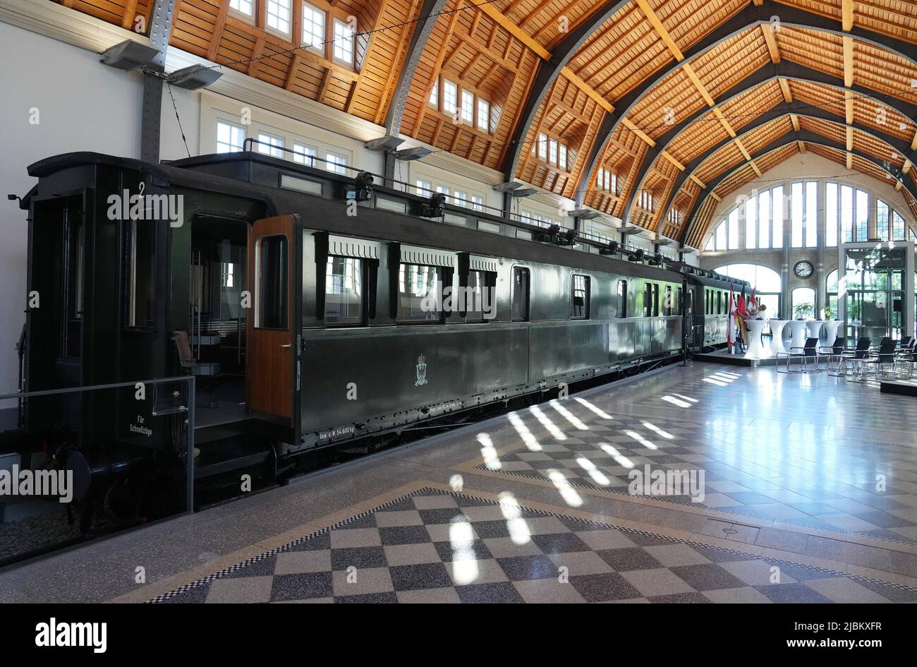 Potsdam, Germany. 03rd June, 2022. Two historic railroad cars, the
