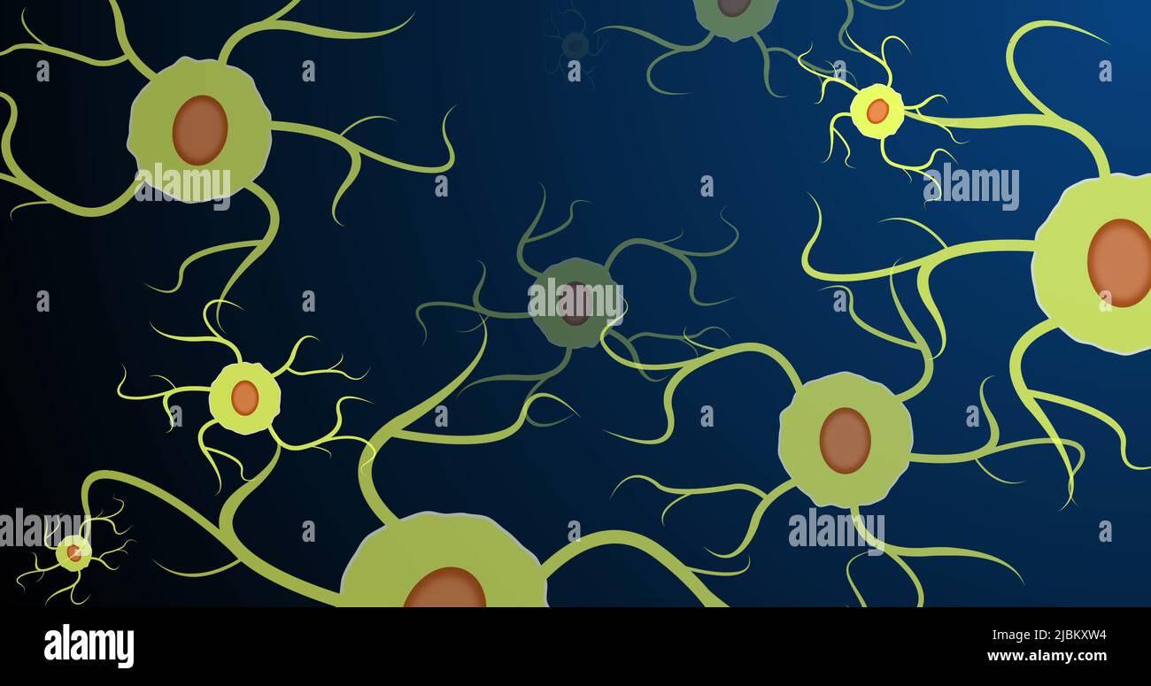Image of lime neuron cells blinking on navy background Stock Photo