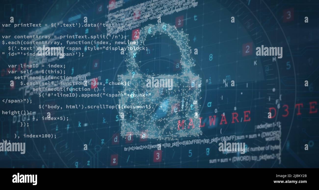 Image of security padlock over data processing on dark background Stock Photo