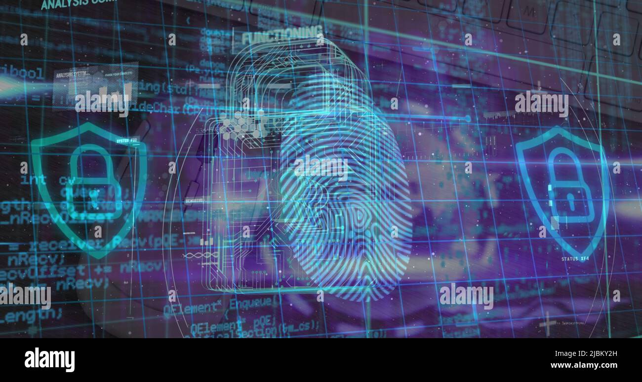 Image of security padlock and data processing over navy background ...
