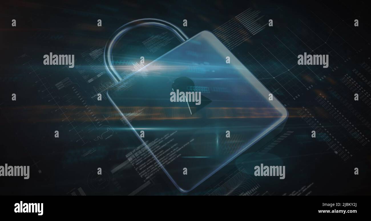 Image of security padlock over data processing on dark background Stock Photo