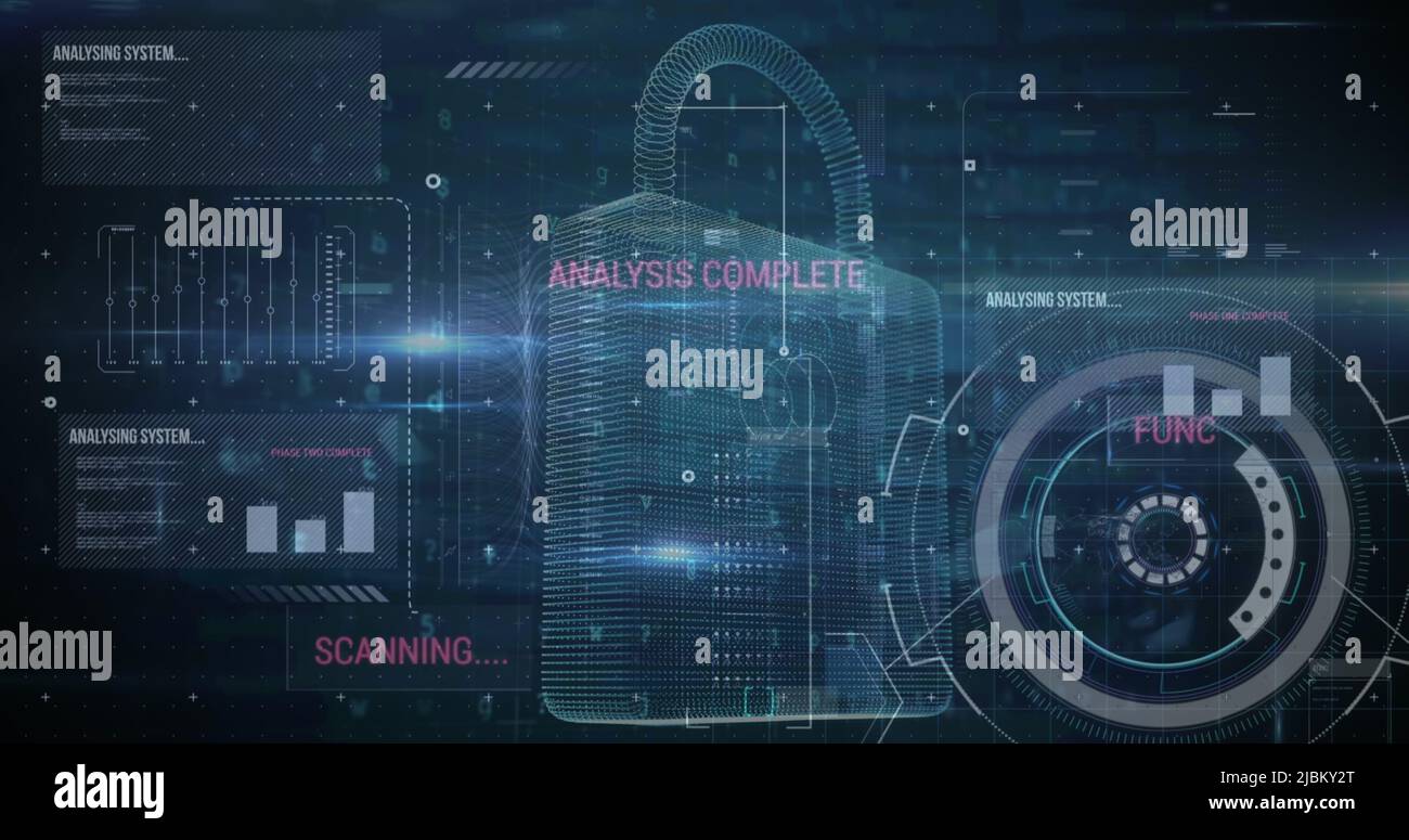 Image of security padlock and data processing over navy background ...