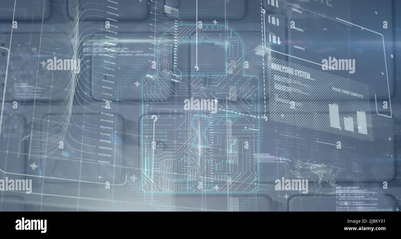 Image of security padlock and data processing over navy background ...