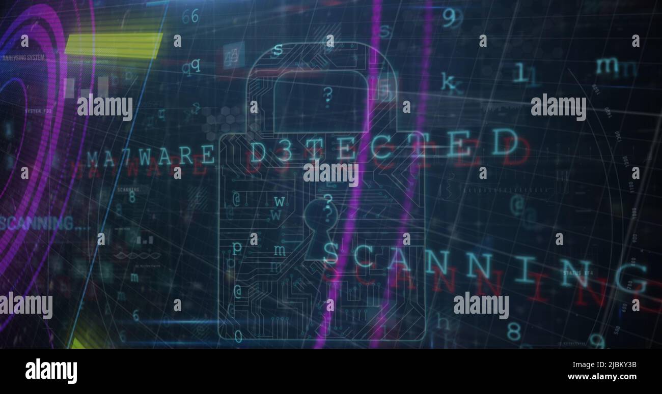 Image of security padlock and data processing over navy background ...