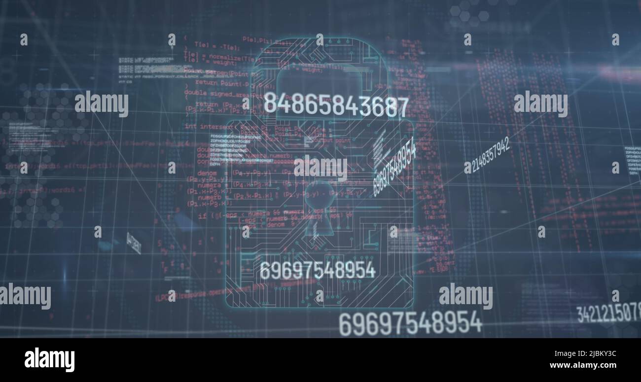 Image of security padlock and data processing over black background ...