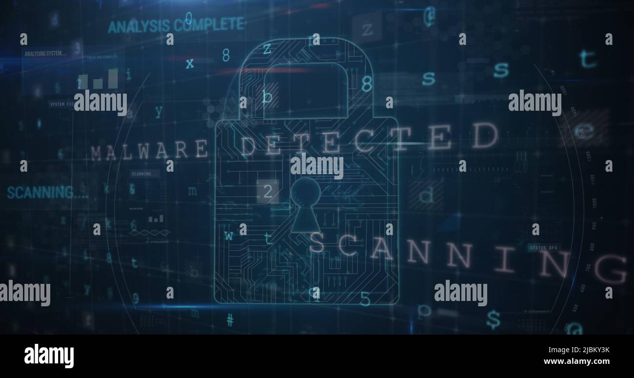 Image of security padlock and data processing over navy background ...