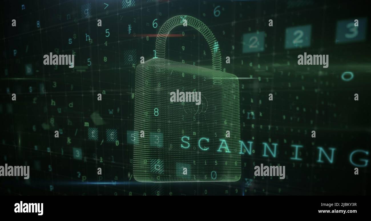 Image of security padlock over data processing on dark background Stock Photo