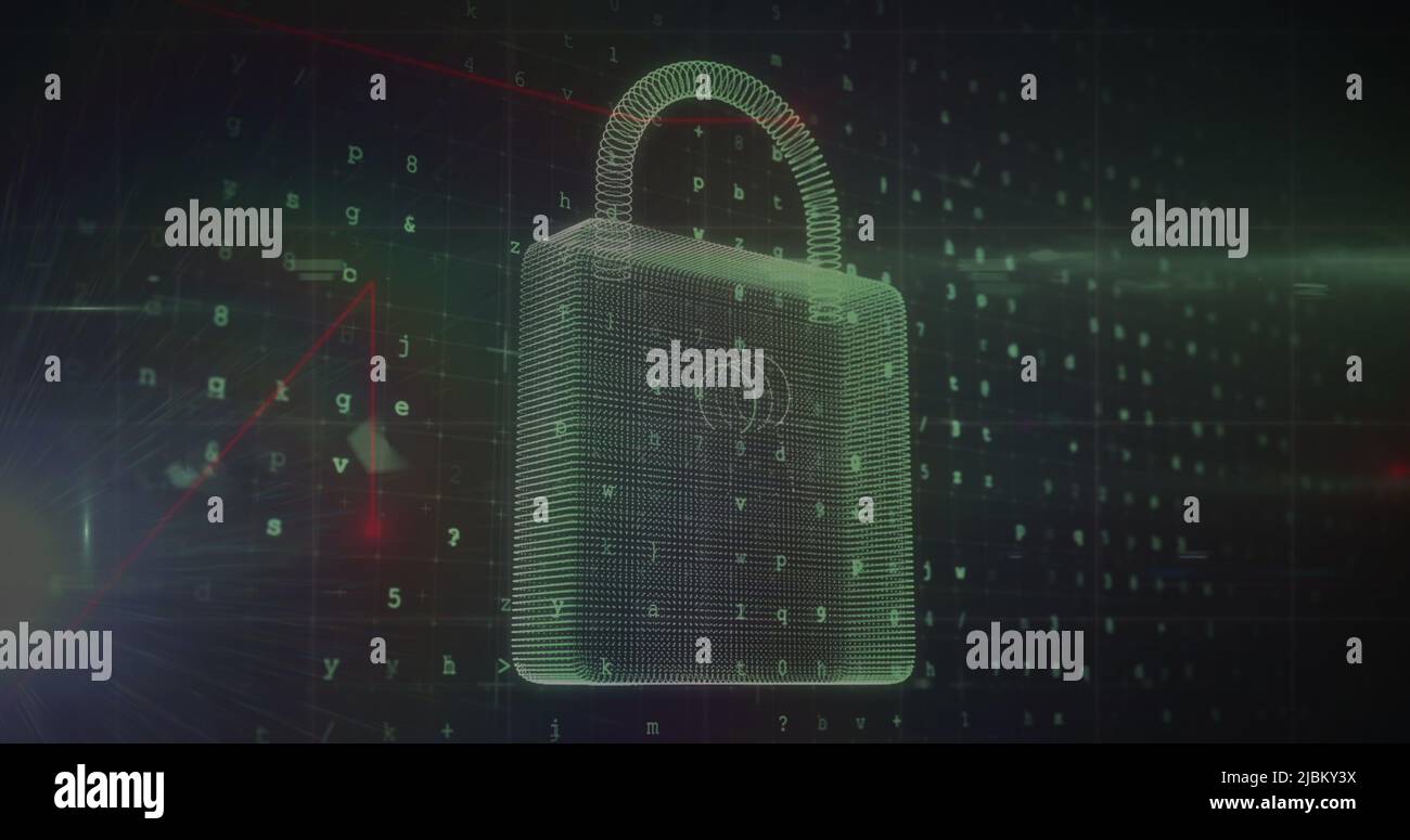 Image of security padlock and data processing over navy background ...