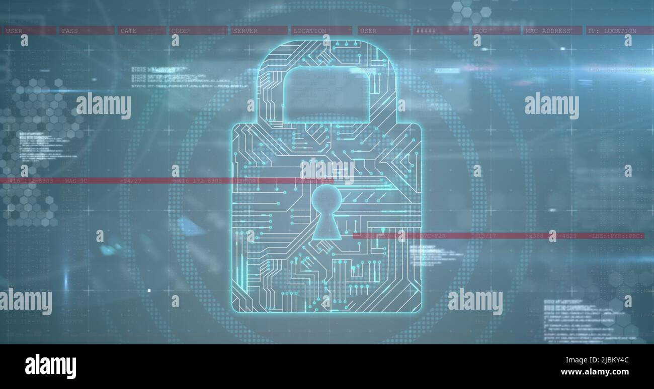 Image of security padlock and data processing over black background ...